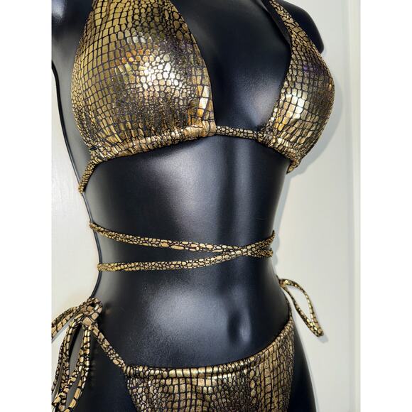 New Small Metallic Gold Fully Adjustable Bikini Swimsuit Set‎ Triangle Padded - Picture 4 of 7